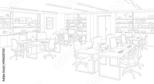 Detailed line art drawing of a modern open-plan office interior, showcasing multiple workstations, computers, and shelves in a professional setting.