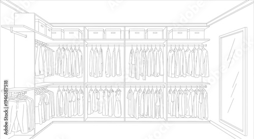 Line drawing of a spacious walk-in closet with multiple racks, shelves, and hanging clothes, featuring a mirror on the right wall.