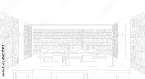 Minimalist line drawing of a spacious library interior with numerous bookshelves and study tables.