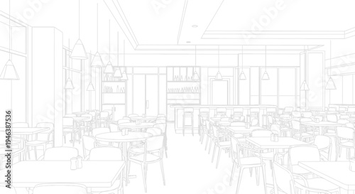 Architectural line drawing of a modern restaurant interior with many tables and chairs, featuring a bar area in the background.