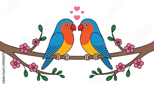 Two colorful birds sitting on a tree branch with pink flowers and hearts