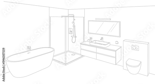 Detailed line drawing of a modern bathroom interior with bathtub, shower, and vanity.