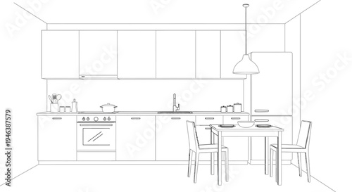 Line drawing illustration of a modern kitchen interior with cabinets, appliances, and a dining area.