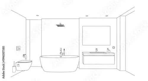 Line drawing of a modern bathroom interior featuring a freestanding bathtub, shower, toilet, bidet, and a vanity with a mirror.