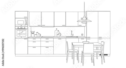 Line drawing of a modern kitchen interior with cabinets, appliances, sink, and dining area.