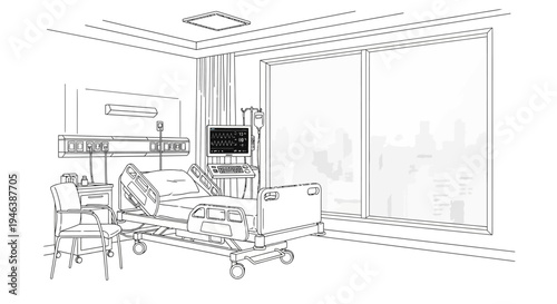Line drawing of a modern hospital room with a bed, patient monitor, IV pole, and a large window overlooking a city.