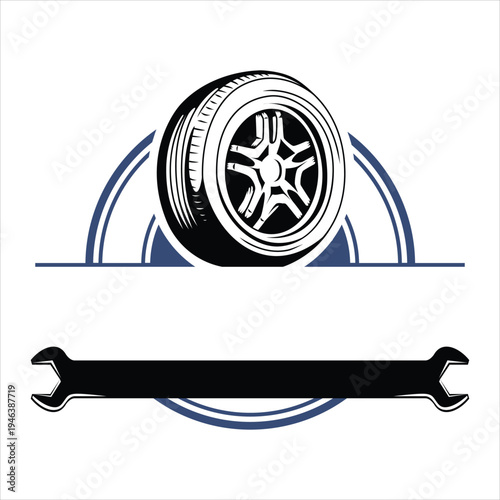 Automotive wheel and wrench emblem for car repair shop logo