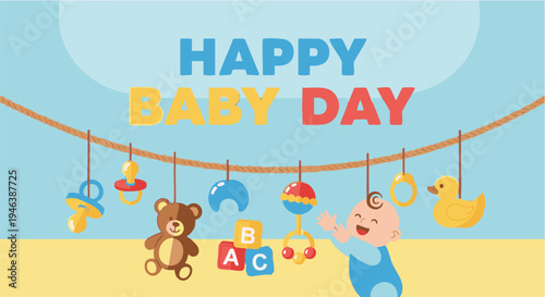 Baby toys and teddy bear hanging on a clothesline in colorful nursery for baby shower