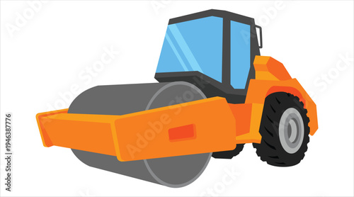 Orange road roller construction vehicle for asphalt paving work