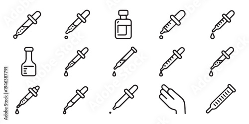 Medical dropper line icon set. Outline collection of liquid dispenser tools for science and healthcare applications
