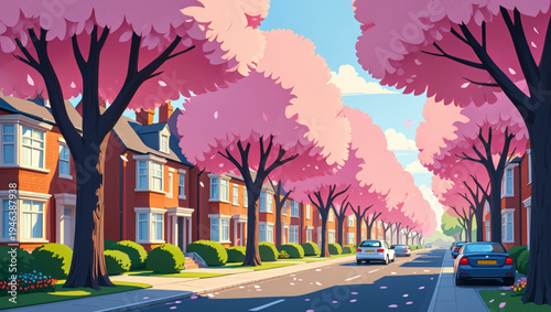 Spring blooming cherry blossoms lining a quiet suburban street at dusk