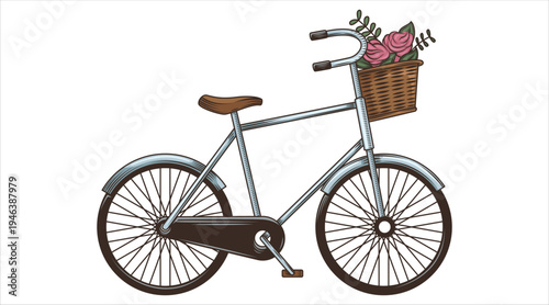 Vintage style bicycle with basket of pink roses on front handle