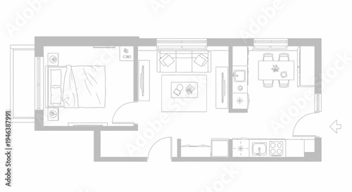 Detailed floor plan of a modern apartment layout with bedroom, living, dining, and kitchen areas.