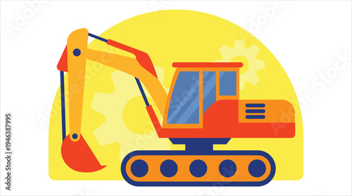 Excavator on construction site with gears in background heavy equipment