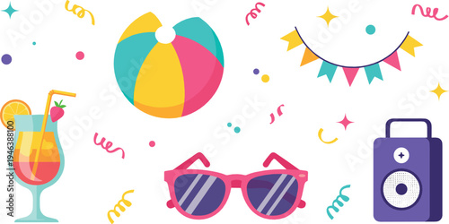 Summer party elements collection with beach ball, sunglasses, cocktail drink, camera and festive bunting colorful vacation illustration set