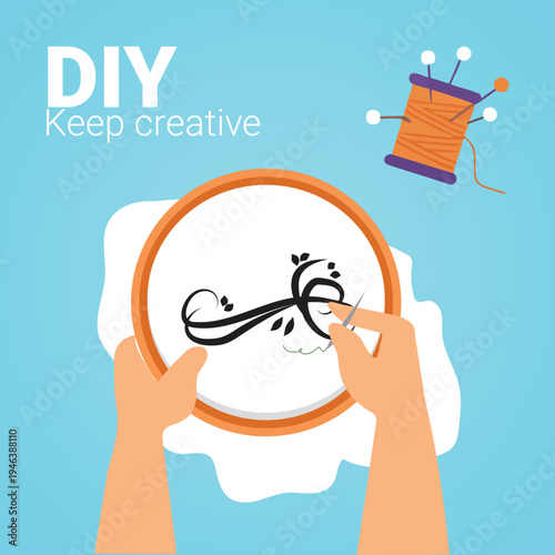 Vector illustration of hands embroidering, DIY craft