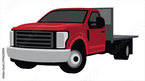 Red flatbed pickup truck with gray bumper and black wheels