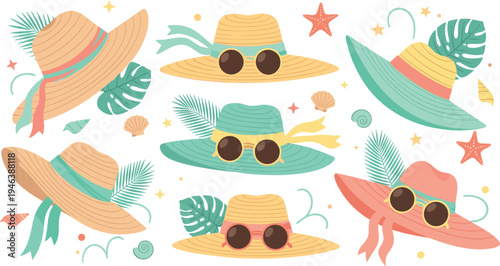 Summer straw hats collection with sunglasses, tropical leaves and seashells, stylish beach fashion accessories illustration set for vacation design