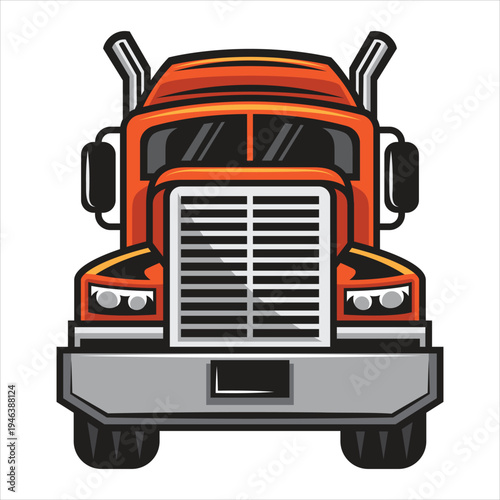 Front view of a semi-truck with an orange cab and chrome grill