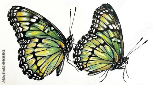Two green and yellow butterflies with black and white spots on white background