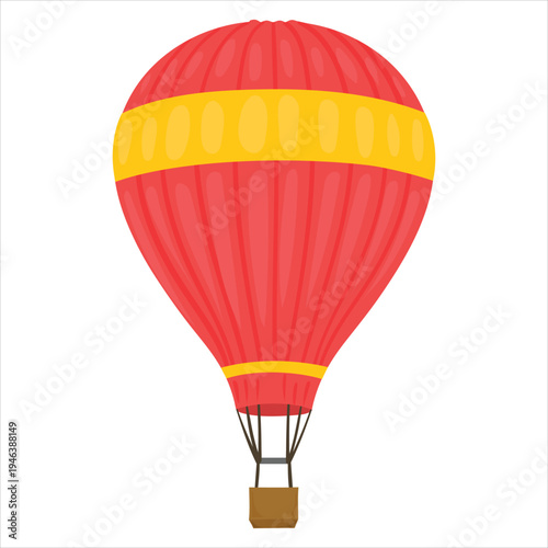 Large red hot air balloon with yellow stripes and brown basket