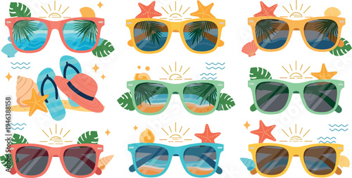 Summer sunglasses with tropical beach reflections collection featuring palm trees, sunset, starfish and seashells, colorful vacation eyewear cartoon illustration set