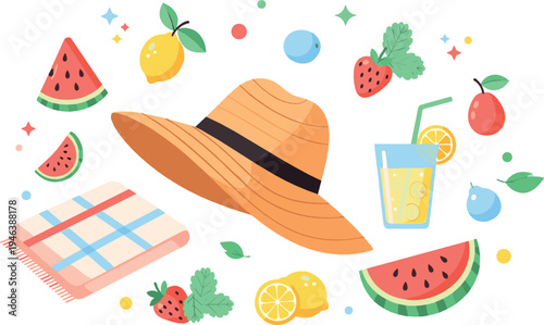 Summer vacation beach elements with straw hat lemonade watermelon strawberries and picnic blanket colorful vector illustration set
