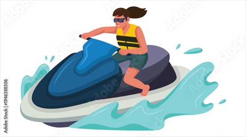 Woman jet ski rider making waves on water, summer sport activity fun