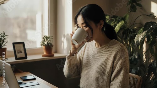 Young Asian Woman Enjoying Coffee While Working Remotely From Home.