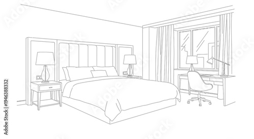A detailed line drawing of a modern bedroom interior with a bed, bedside tables, and a desk by a window.