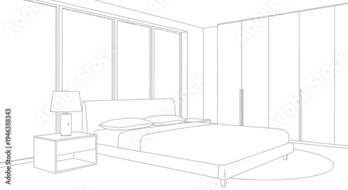 Line drawing of a modern bedroom interior with a bed, nightstand, lamp, large windows, and built-in wardrobe.