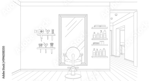 Line art drawing of a modern hair salon interior with a large mirror, styling chair, and shelves filled with beauty products and tools.