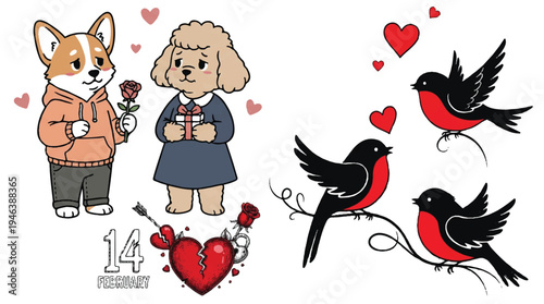 Valentines Day illustration with cute dog couple and birds on branch with hearts
