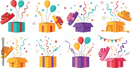 Surprise gift boxes opening with balloons, confetti and ribbons, festive celebration present cartoon illustration set for birthday party and holiday design