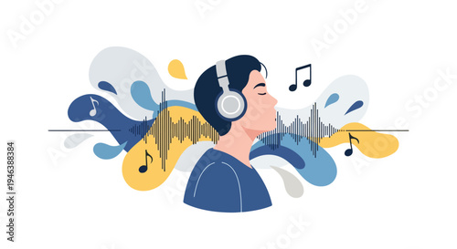 Clean flat vector illustration depicting a person wearing headphones while listening to music, enhanced with abstract shapes and fluid elements, using a minimalist design and simple colors on a white 