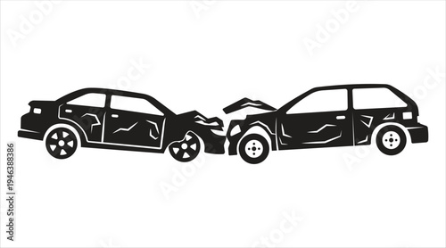 Silhouette of two wrecked cars on transparent grid background