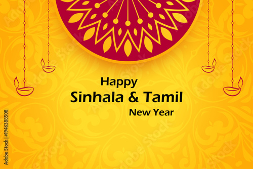 Sinhala and Tamil New Year Wishes Greeting Card Design with Traditional Elements
