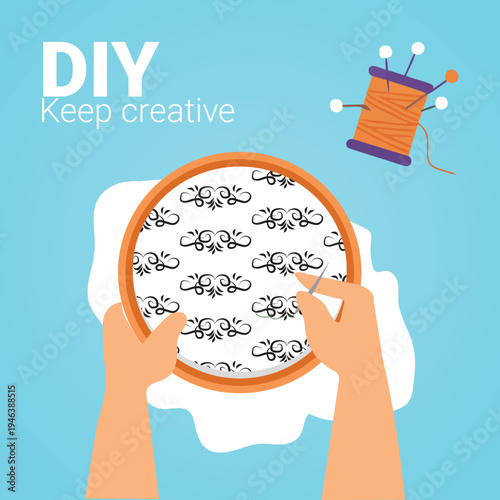 Vector illustration of hands embroidering bee pattern