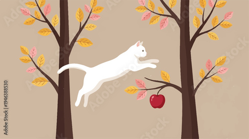 white cat jumping between trees with autumn leaves and red apple