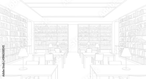 Detailed line drawing of a traditional library reading room with bookshelves and study tables.
