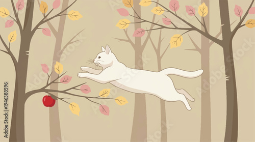 white cat jumping for an apple in a forest with autumn trees