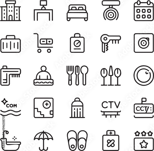 Hotel service line icon set. Featuring reception, room service, luggage, calendar, bed and hospitality symbols. Editable stroke vector illustration.