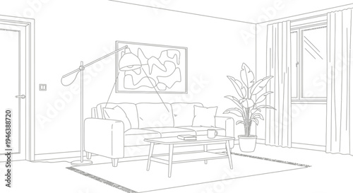 Detailed line art illustration of a contemporary living room interior featuring a comfortable sofa, coffee table, floor lamp, and a large potted plant.