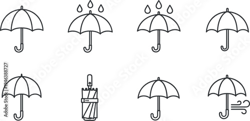 Umbrella weather icons set including rain wind protection and folded umbrella outline vector illustration collection