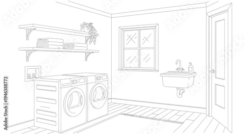 Line drawing of a functional laundry room with washer, dryer, sink, and shelves.