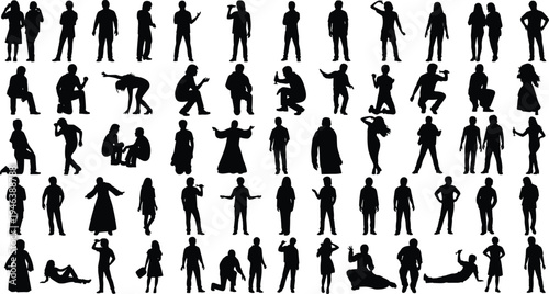 Large collection of people silhouettes in various standing sitting walking and expressive poses isolated on white background