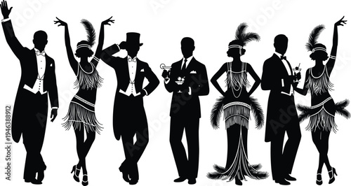 Roaring twenties party silhouettes with flapper dancers and elegant gentlemen isolated on white background vintage jazz celebration theme