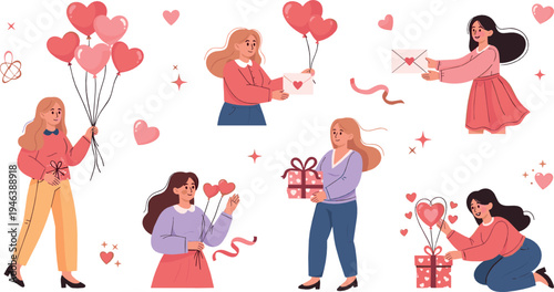 Valentines day romantic scenes with women holding gifts balloons and love letters cute relationship celebration vector illustration set
