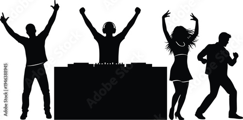 Silhouette DJ playing music at nightclub party with dancing crowd energetic nightlife celebration club festival vibe and dance floor excitement