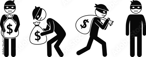 Thief stealing money bag icon set, criminal robbery and burglary concept illustration with masked burglar characters and cash symbols